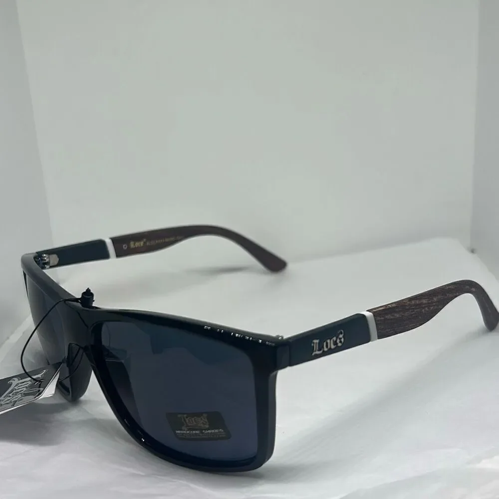 Locs 91155 Hardcore Shades – Rectangular Biker Sunglasses with Woodgrain Print A